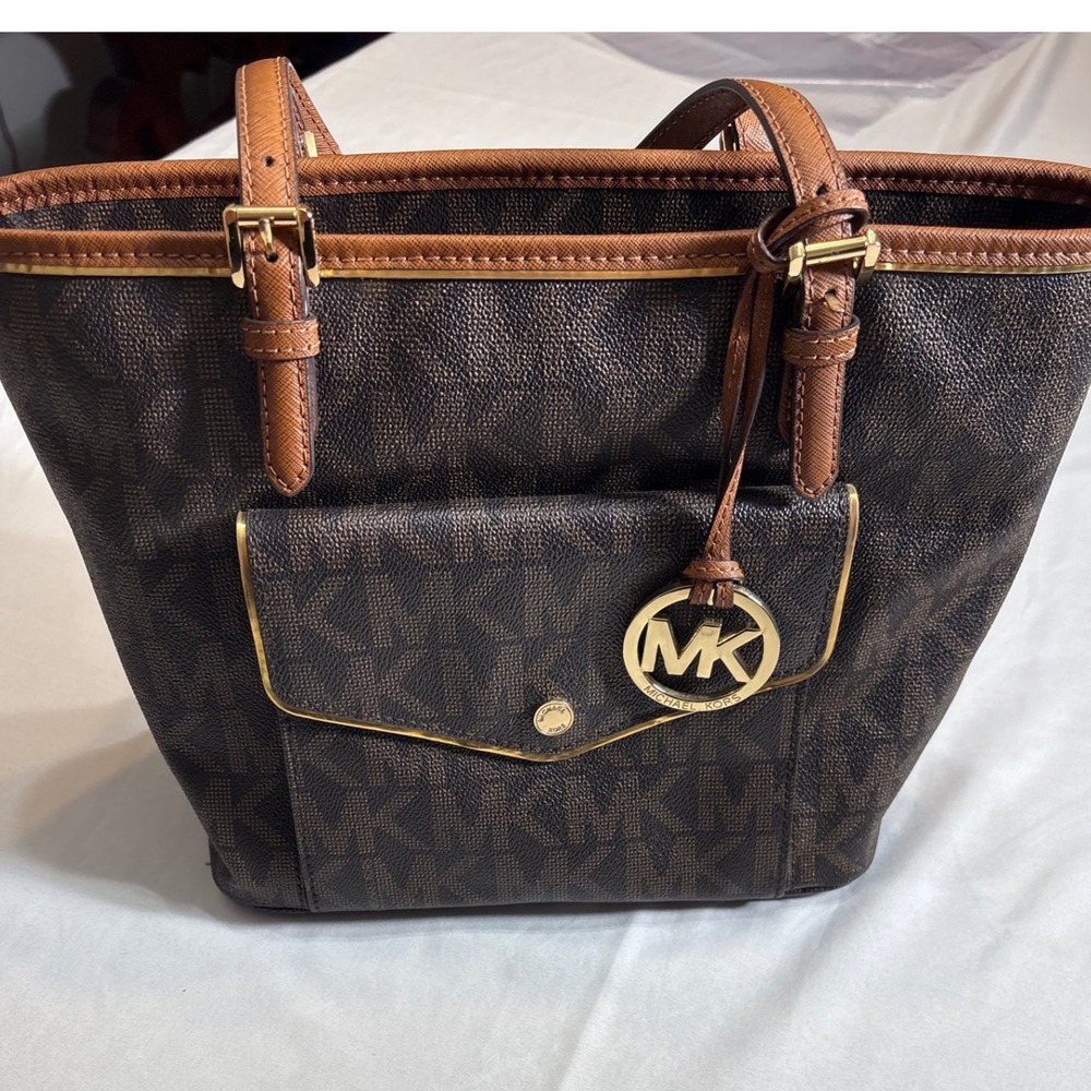 Michael Kors Bedford Medium Tote Bag Brown Signature Logo Canvas Gold Hardware